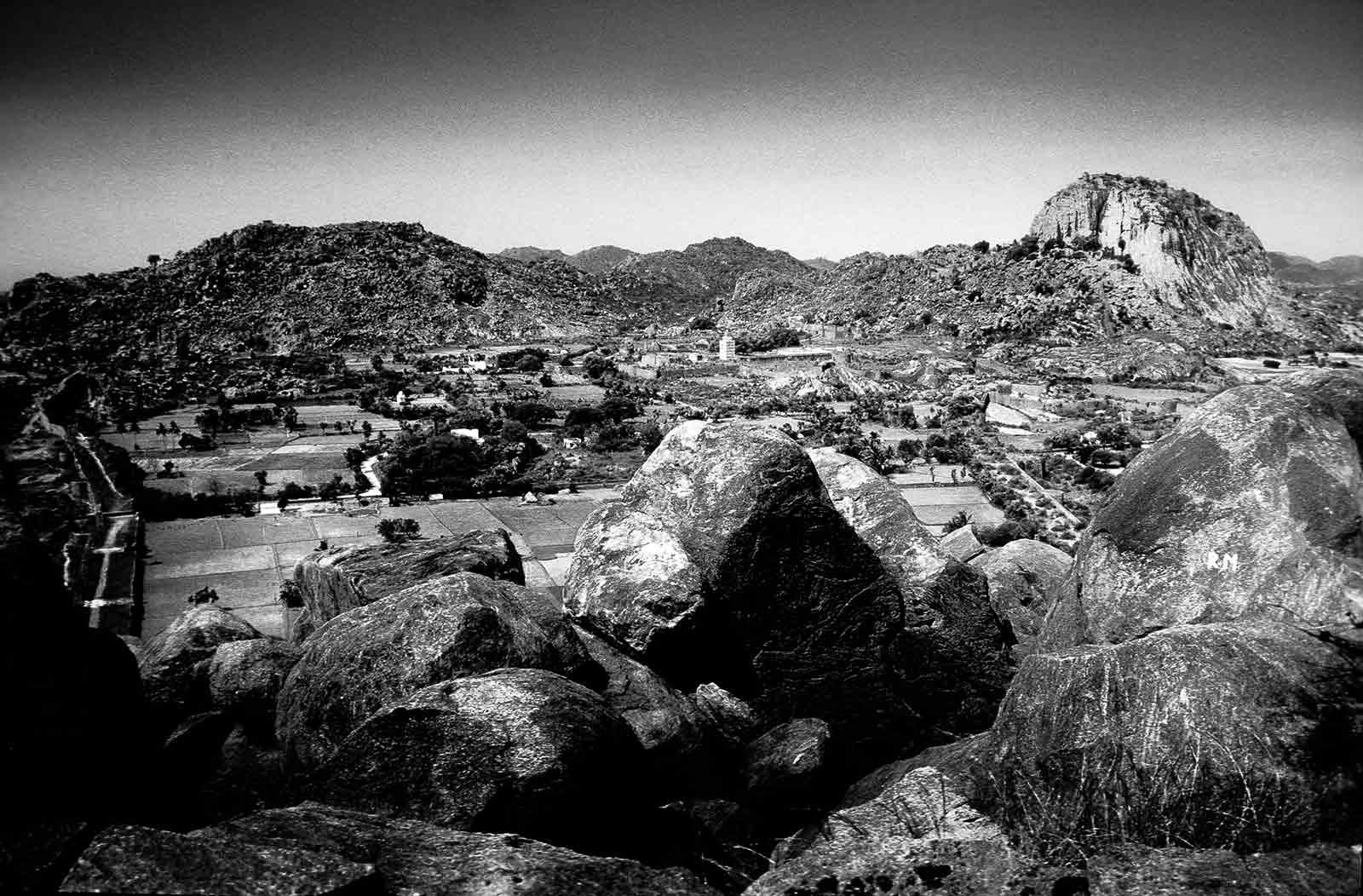 Boulder strewn view of Rajagiri hill fort from Krishnagiri hills