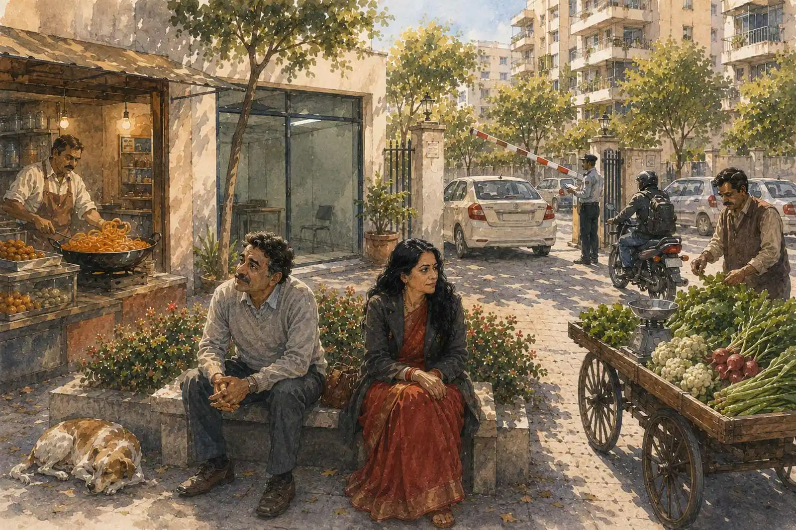 A couple waiting outside a diagnostic centre while a jalebi vendor fries fresh jalebis nearby.