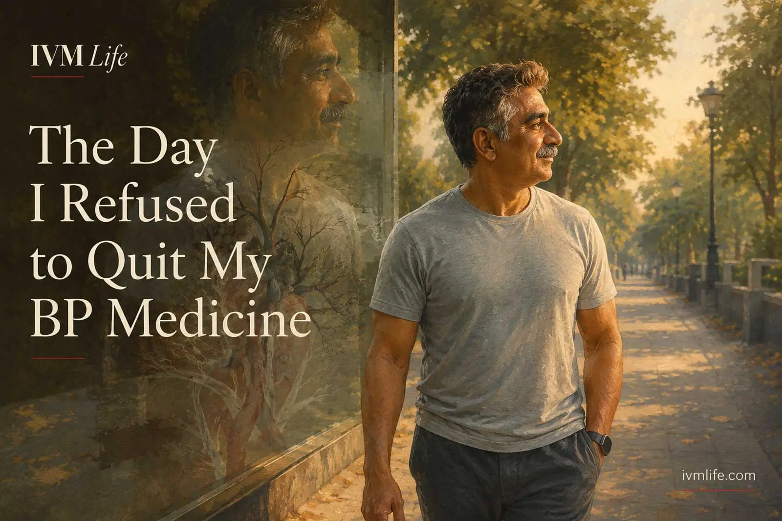 A middle-aged man standing beside a reflective glass wall along a quiet, tree-lined path, looking thoughtfully into the distance.