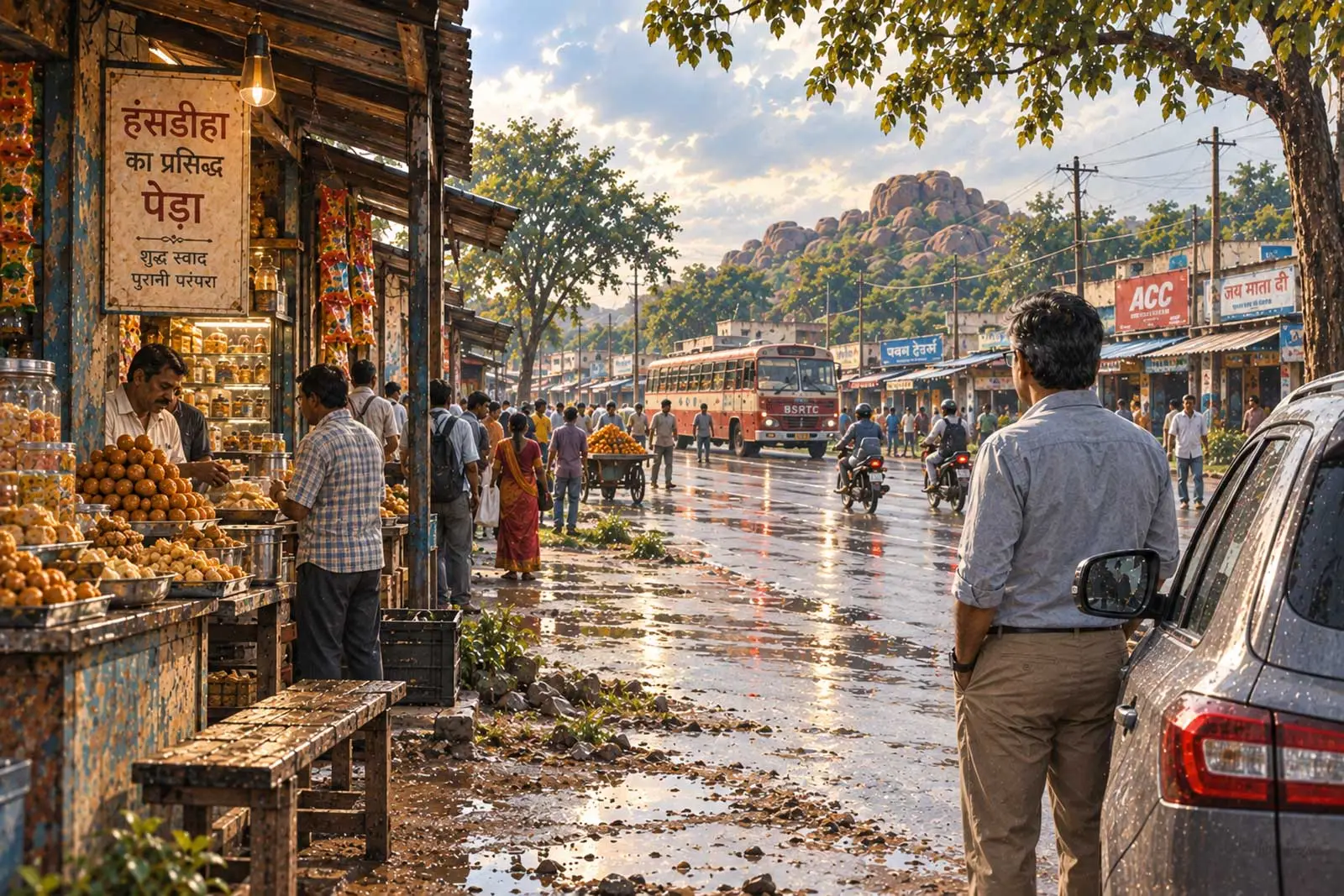 A roadside view of Hansdiha teeming with activities with a person observing from a distance.