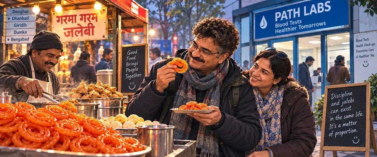 Husband eats jalebis while his wife watches after the blood test at the lab 