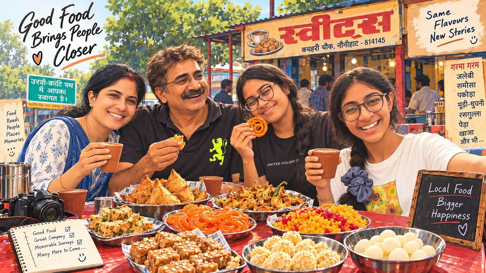 Husband and wife and their two daughters snacking at a roadside stall