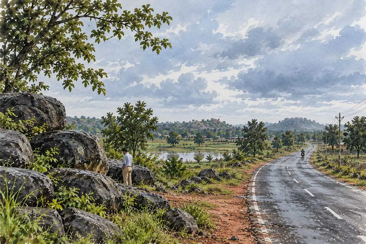 Long winding road soaked in rains with boulders on the left side