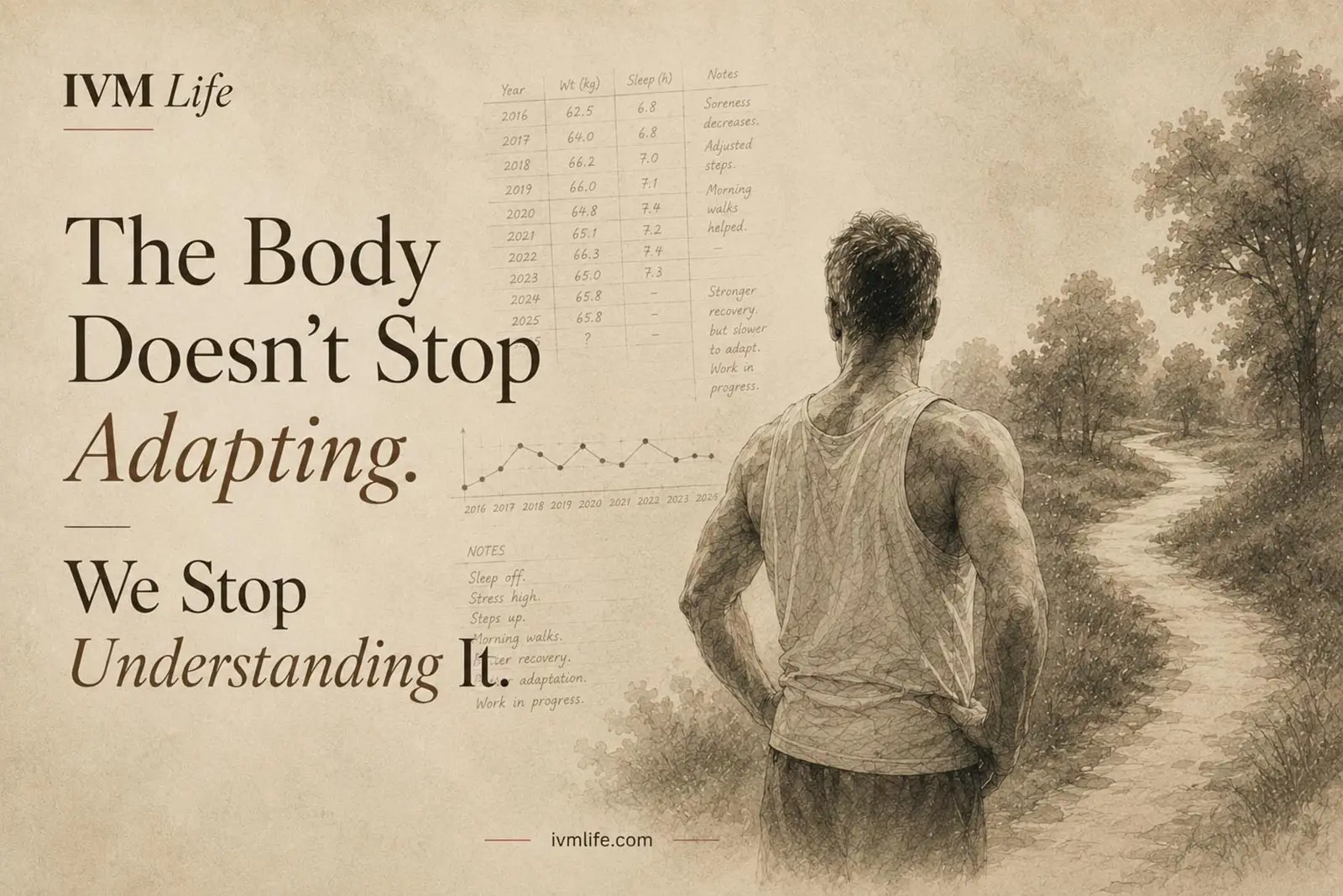 A sepia-toned illustration of a fit middle-aged man standing on a winding trail, with handwritten fitness logs and progress charts layered into the background.